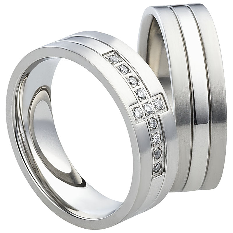 Partnerringe Edelstahl, matt-glänzend, 11 Zirkonia weiß