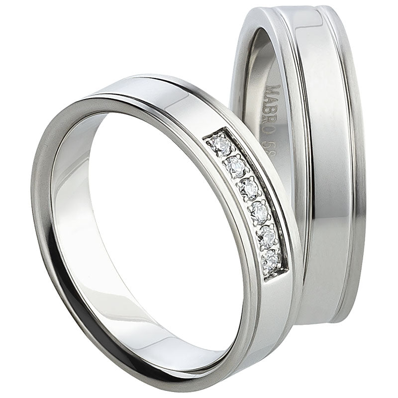Partnerringe Edelstahl, matt-glänzend, 6 Zirkonia weiß