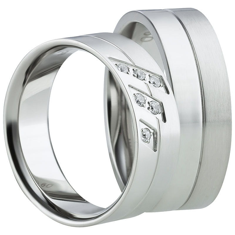 Partnerringe Edelstahl, matt-glänzend, 6 Zirkonia weiß