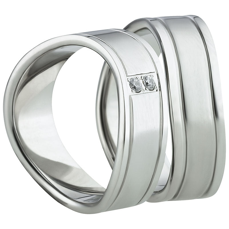 Partnerringe Edelstahl, matt-glänzend, 2 Zirkonia weiß