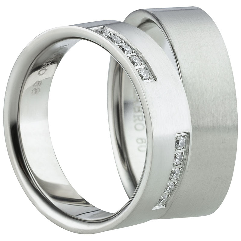 Partnerringe Edelstahl, matt, 10 Zirkonia weiß