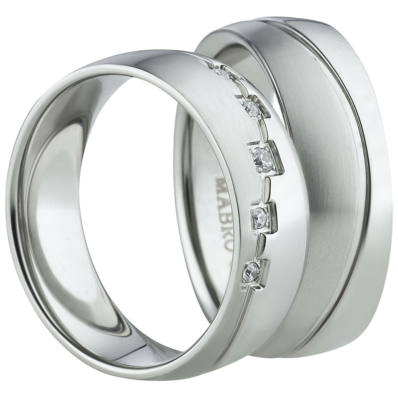 Partnerringe Edelstahl, matt-glänzend, 5 Zirkonia weiß