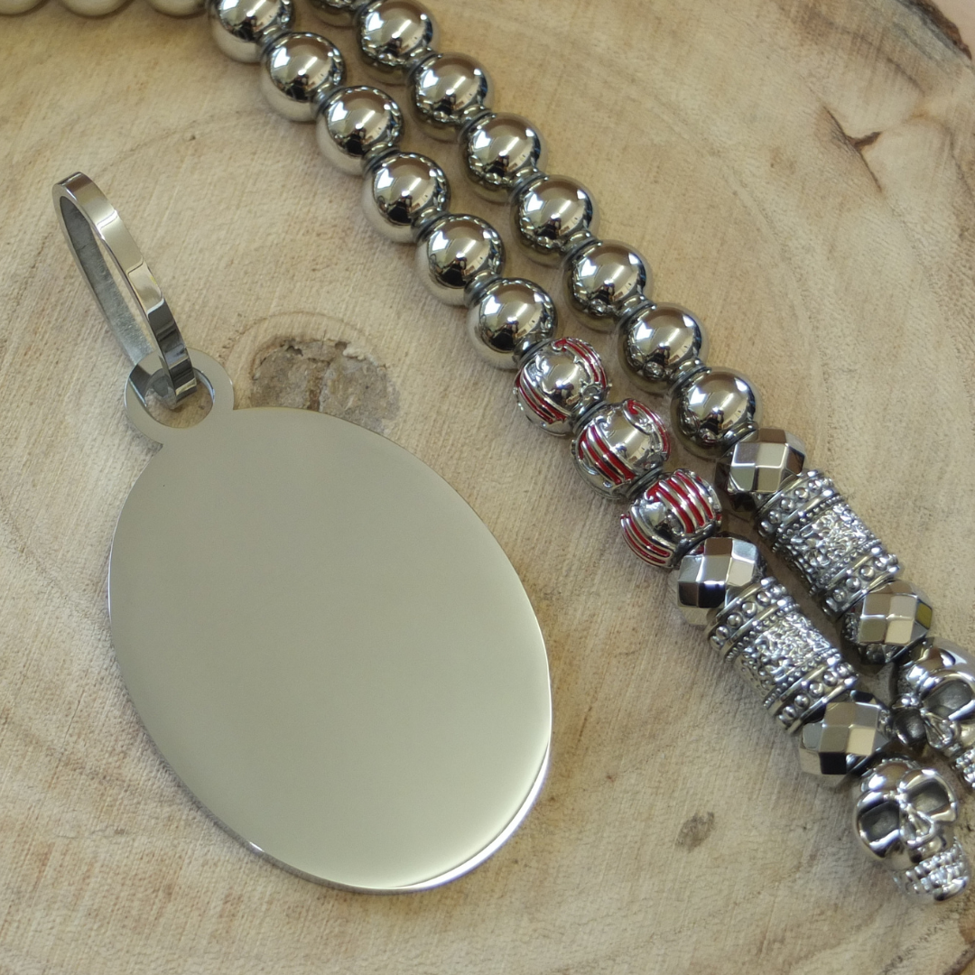 Rockerkette + Gravurplatte Oval Silber