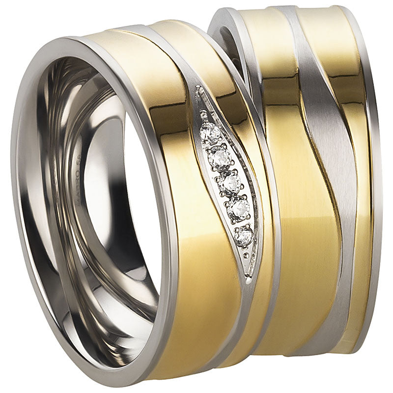 Partnerringe Edelstahl PVD Gold, matt/glänzend, 5 Zirkonia weiß