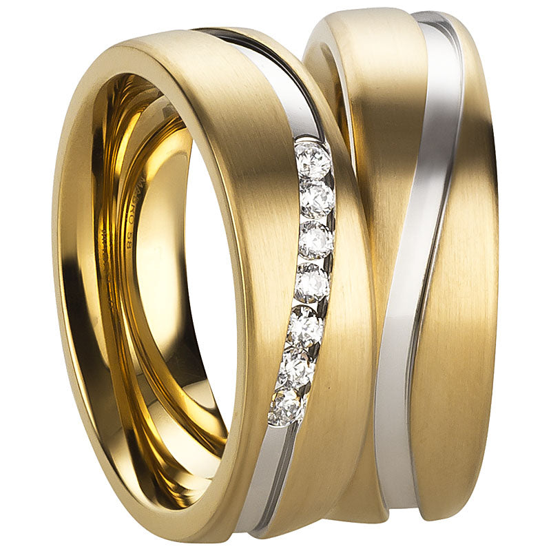 Partnerringe Edelstahl PVD Gold, matt/glänzend, 7 Zirkonia weiß