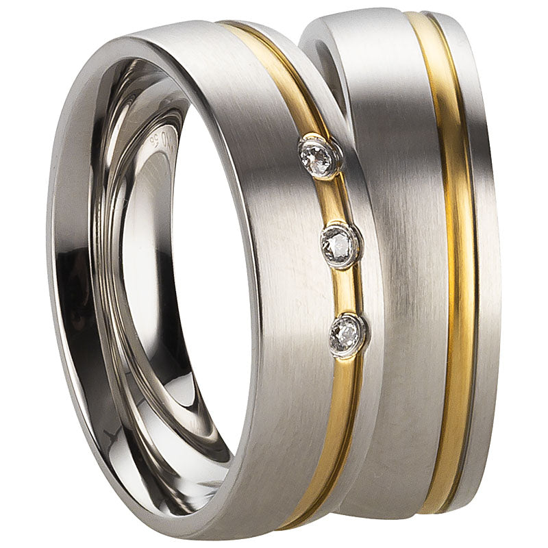 Partnerringe Edelstahl PVD Gold, matt, 3 Zirkonia weiß