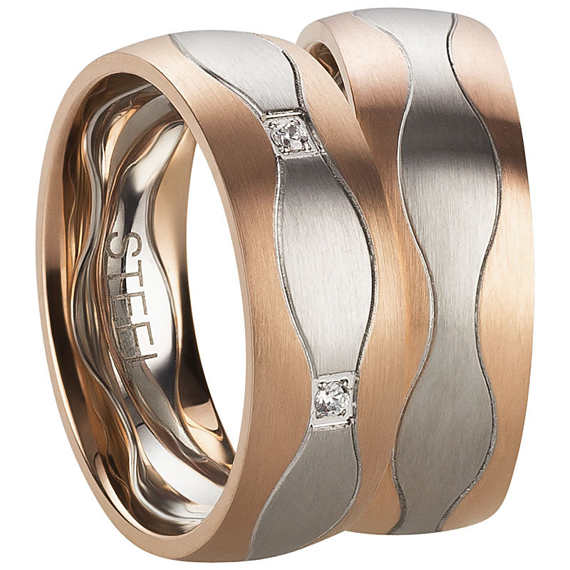 Partnerringe Edelstahl PVD Rosé, Matt/Glänzend, 6 Zirkonia weiß