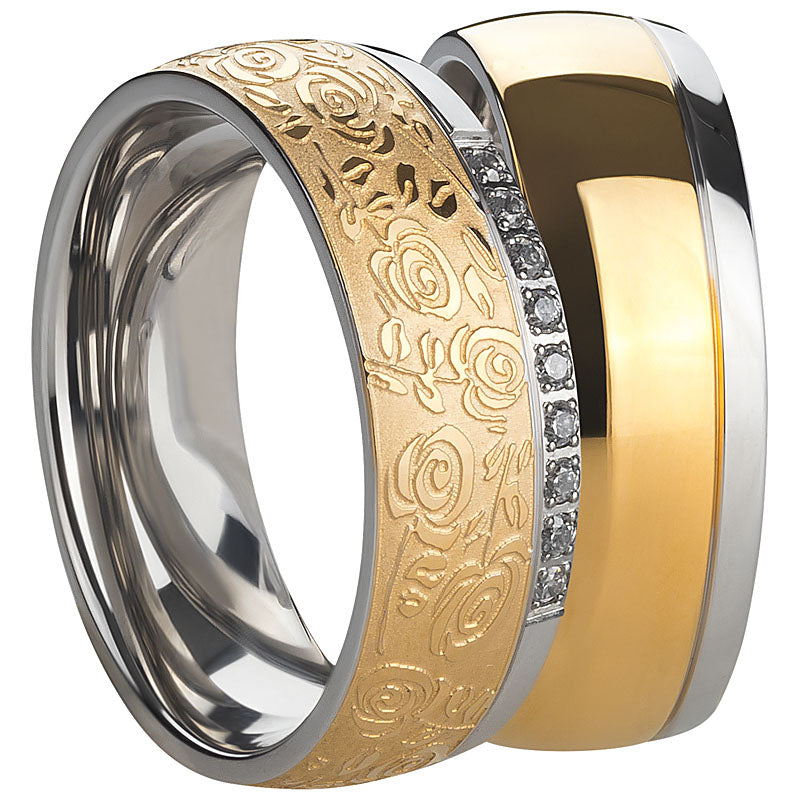 Partnerringe Edelstahl PVD Gold 9 Zirkonia bic. Rosenmuster