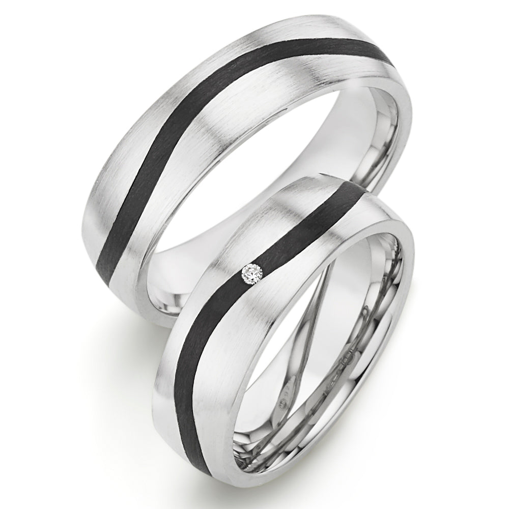 Partnerringe 925/- rhod. Silber-Carbon gefasste Diamanten