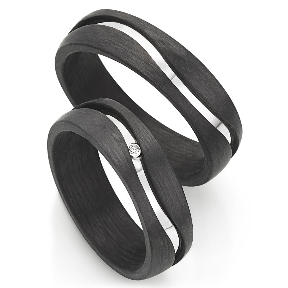 Partnerringe 925/- rhod. Silber-Carbon gefasste Diamanten