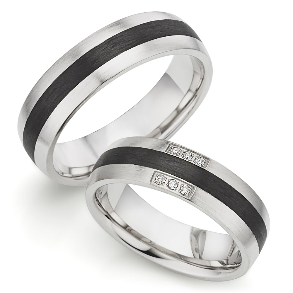 Partnerringe 925/- rhod. Silber-Carbon gefasste Diamanten
