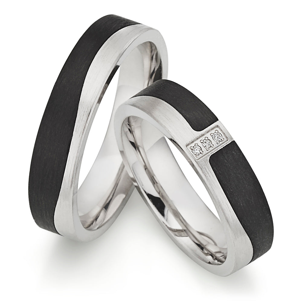 Partnerringe 925/- rhodiniertes Silber-Carbon mit gefassten Diamanten