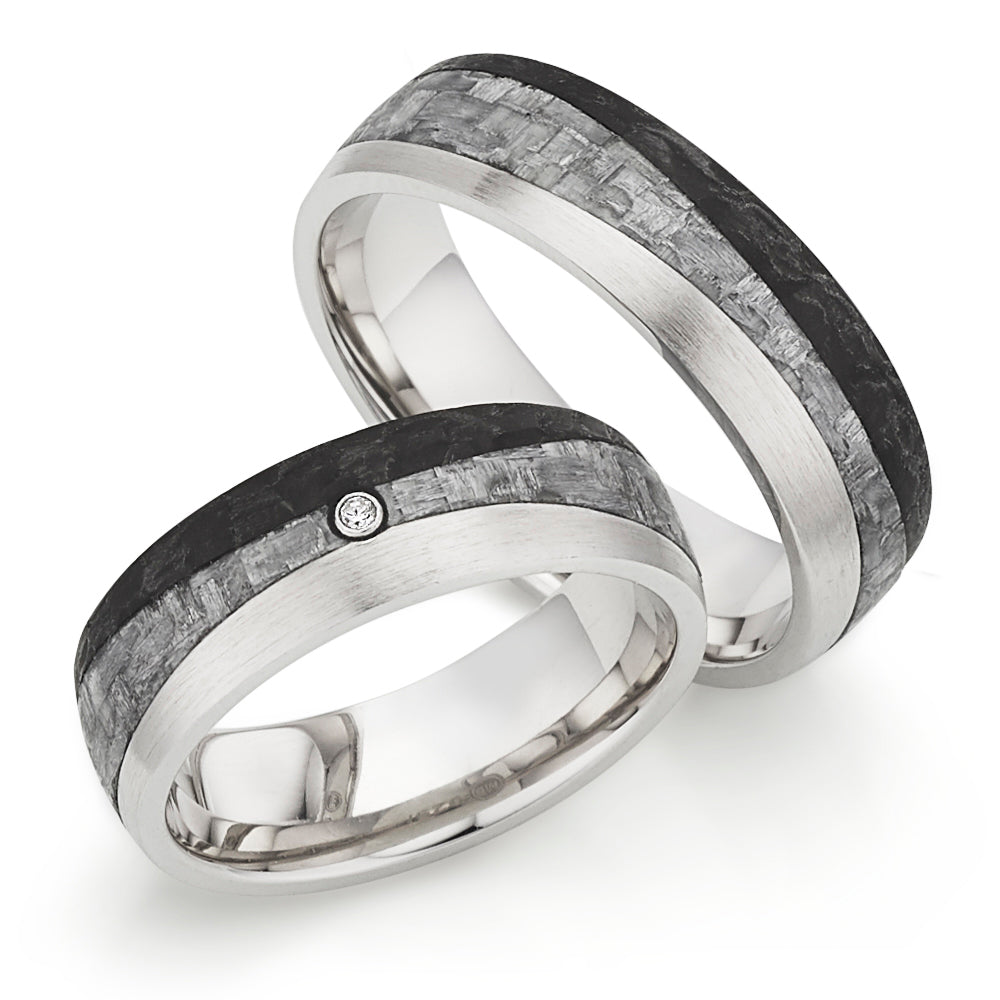 Partnerringe 925/- rhod. Silber-Carbon gefasste Diamanten