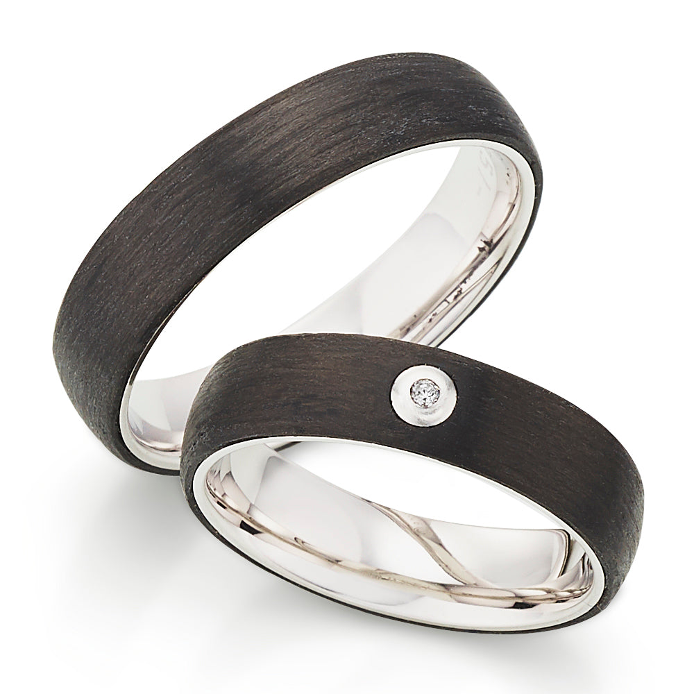 Partnerringe 925/- rhod. Silber-Carbon gefasste Diamanten
